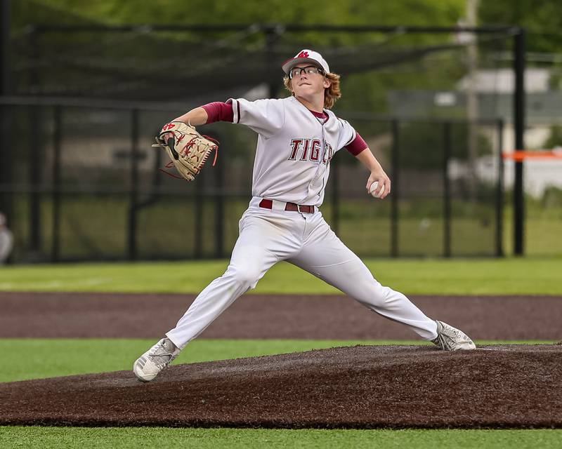 Plainfield North's Colin Pomatto (1) delivers a pitch during the Class 4A Romeoville Sectional final game between Plainfield North at Oswego.  June 4, 2022.