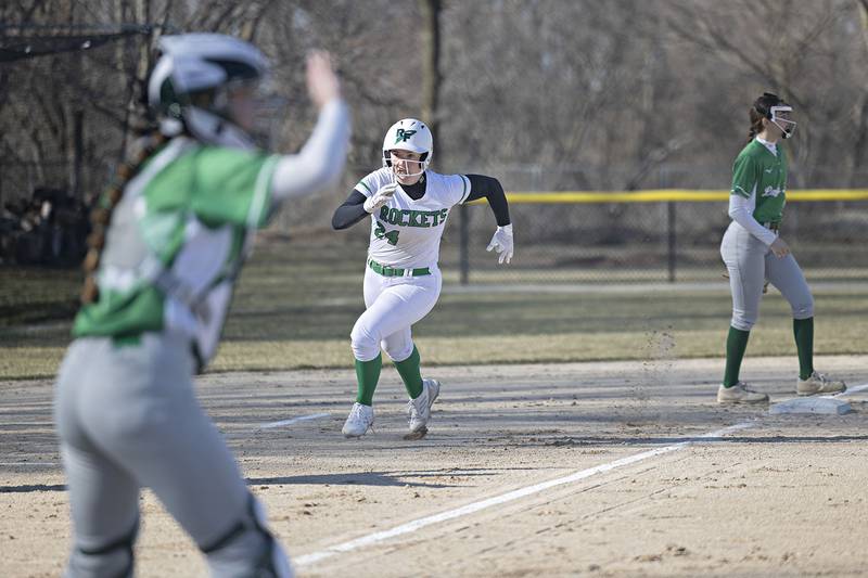Rock Falls’ Katie Thatcher rounds third to score against Geneseo Wednesday March 29, 2023.
