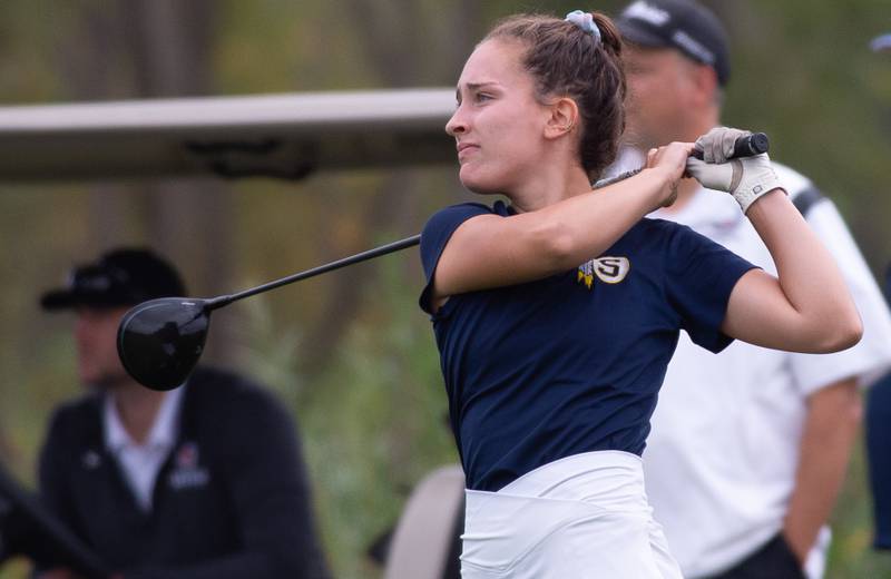 Madelyn Pink form Sterling hits a drive off the No. 1 tee in the Girls Class 2A Belvidere Sectional golf tournament on Monday, Oct. 4, 2021 at Timber Pointe Golf Club near Poplar Grove.