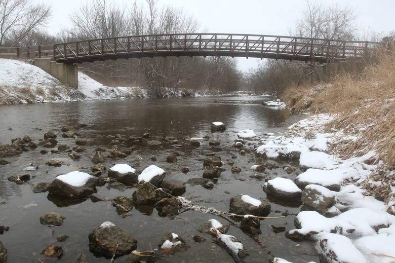Snow Wednesday, Feb. 12, 2025, created a picturesque scene on the Kishwaukee River in Hopkins Park in DeKalb.