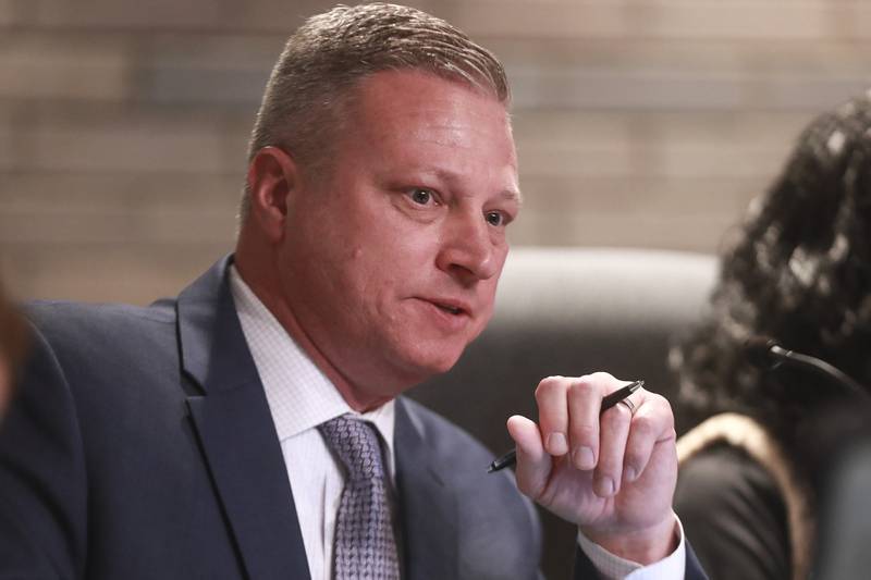 Joliet City Council member Joe Clement discusses an amendment to allow the sale of small liquor bottles in downtown Joliet on Tuesday, May 18, 2021, at Joliet City Hall in Joliet, Ill. The Joliet City Council discussed an amendment to allow for liquor consumption and video gambling at gas stations.