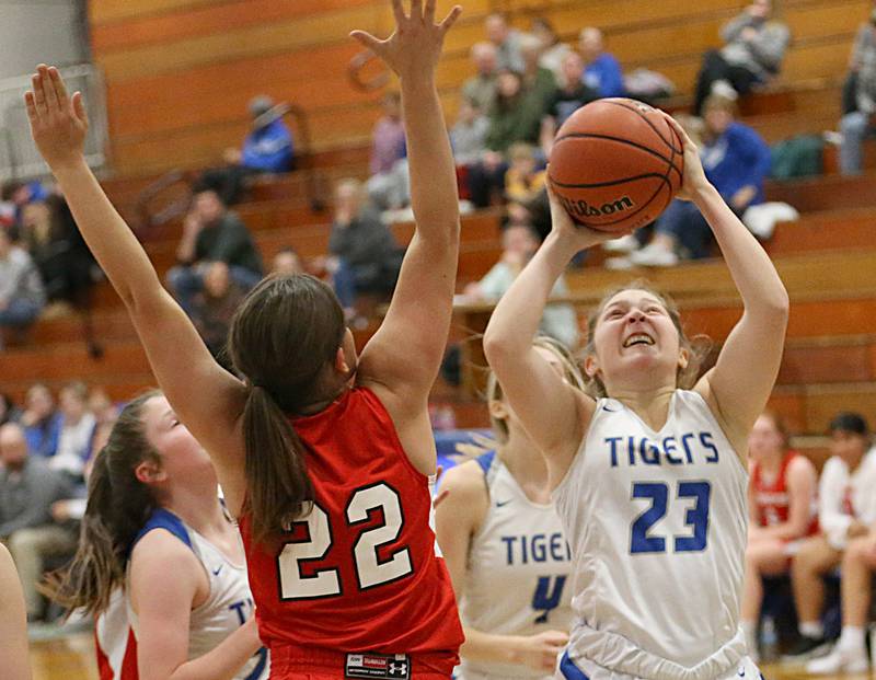 Princeton's Miyah Fox looks to shoot a jump shot over Streator's Charlee Bourell in the Lady Tigers Holiday Tournament on Tuesday, Nov. 15, 2022 in Princeton.