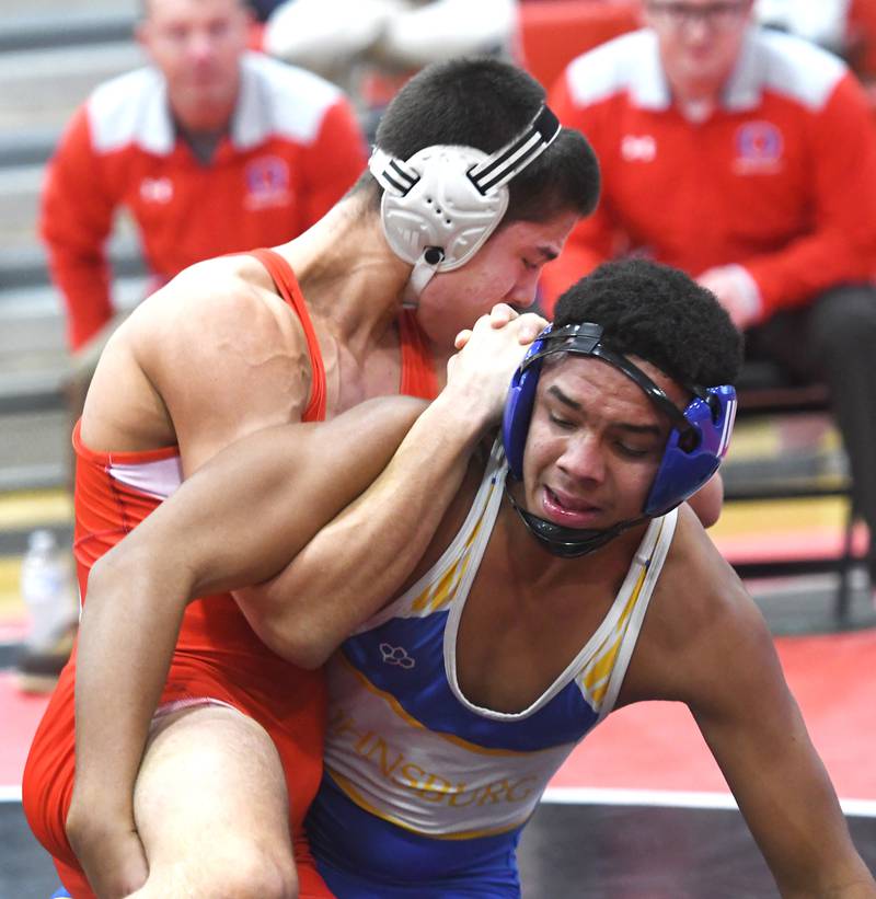 Oregon's Cole Suter holds Johnsburg's Jordan Sylvanus during their 165-pound match at the Stillman Valley Holiday Tournament on Saturday, Dec. 20, 2025 at Stillman Valley High School.