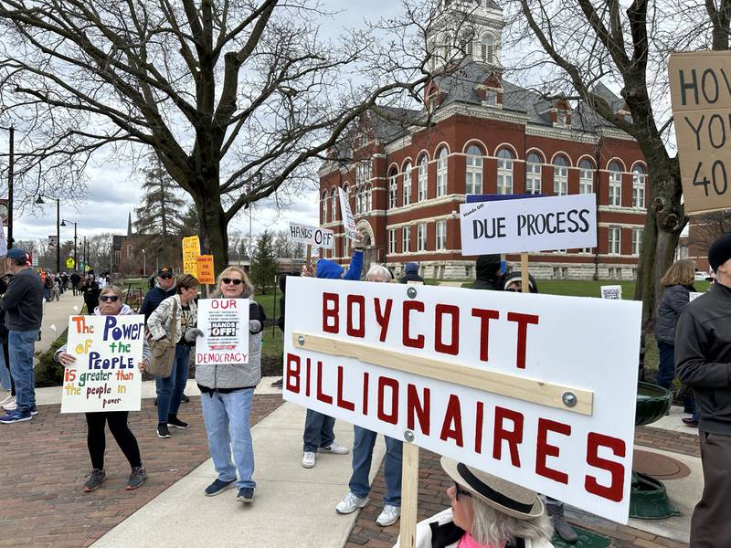 Around 400 people took part in the Hands Off rally held around the historic Ogle County Courthouse in Oregon on Saturday, April 5, 2025. The rally was one of many held across the United States for people wanting to speak out about recent actions and decisions by President Donald Trump. The event in Ogle County was organized by Indivisible of Ogle County.