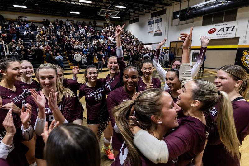 Lockport celebrates after winning the 4A Sectional Finals varsity volleyball game against Joliet West at Joliet West on Nov. 6, 2025.