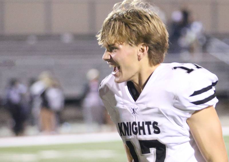 Kaneland kicker Noah McKittrick reacts after hitting the game winning field goal against L-P on Friday, Oct. 17, 2025 at Howard Fellows Stadium.