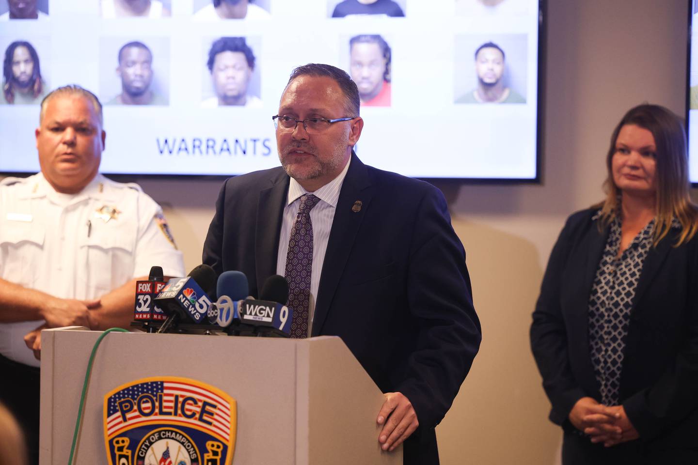 U.S. Department of Homeland Security Sean Fitzgerald speaks at a press conference regarding a joint operation that resulted in arrest and indictment of 25 defendants in a Paycheck Protection Program loan fraud. Wednesday, Sept. 21, 2022, in Joliet.