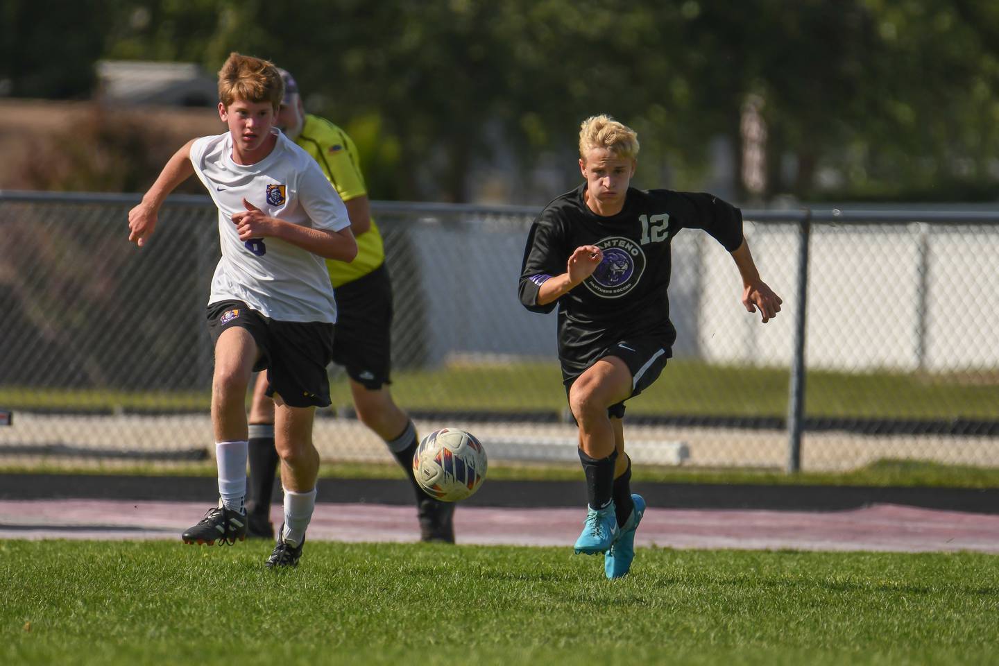 Manteno's Brady Ruff fights for possession during the Panthers 2-1 loss in the Manteno Rivals Cup championship on Saturday, September 27th, 2025