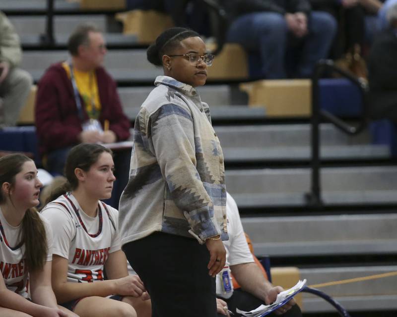 Oswego's head coach Venita Parsons looks on during their basketball game between Oswego East at Oswego Friday, Jan 09, 2026 in Oswego.
