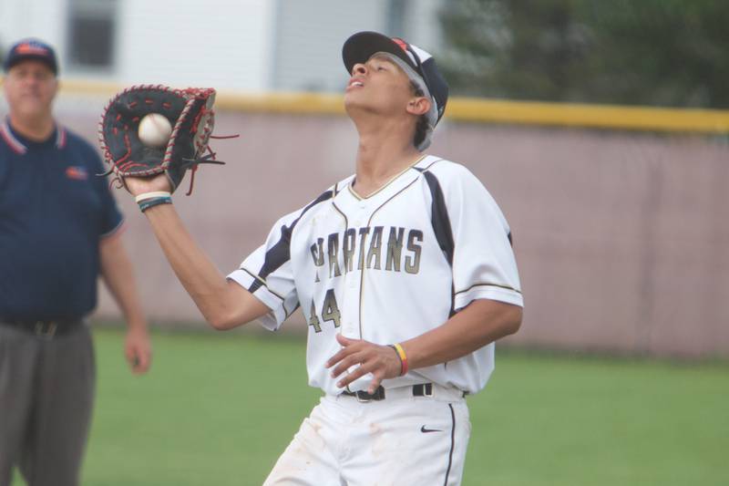Sycamore's Tommy Townsend makes the catch for the out  against Belvidere at the Class 3A Regional on May 25 , 2022 in Belvidere