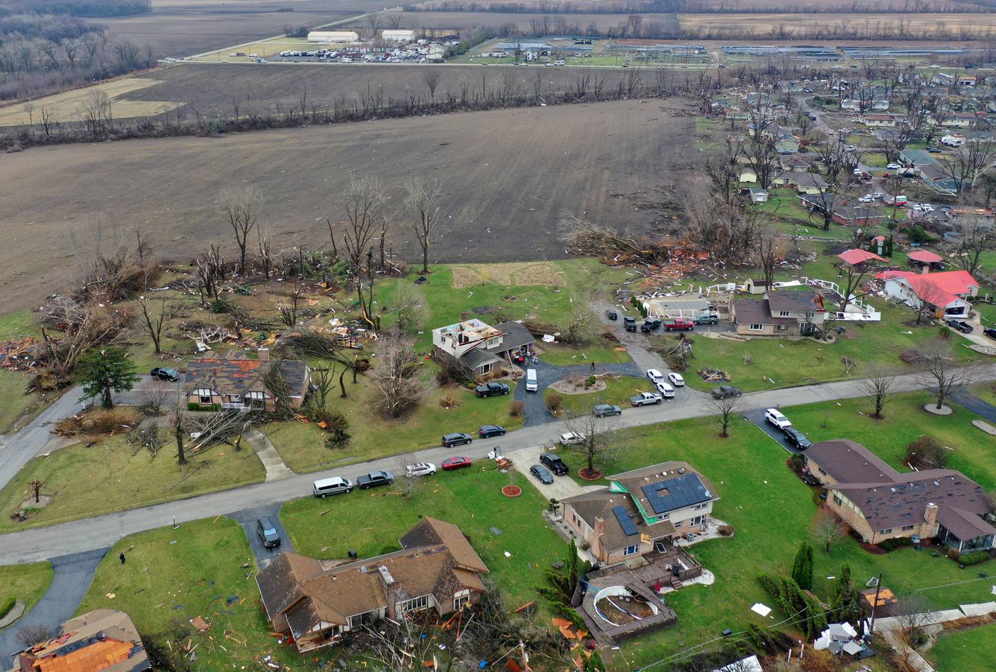 An aerial view of the storm damage at the intersection of Tiverton Drive and Cobblers Road on Wednesday, March 11, 2026 in Aroma Park.