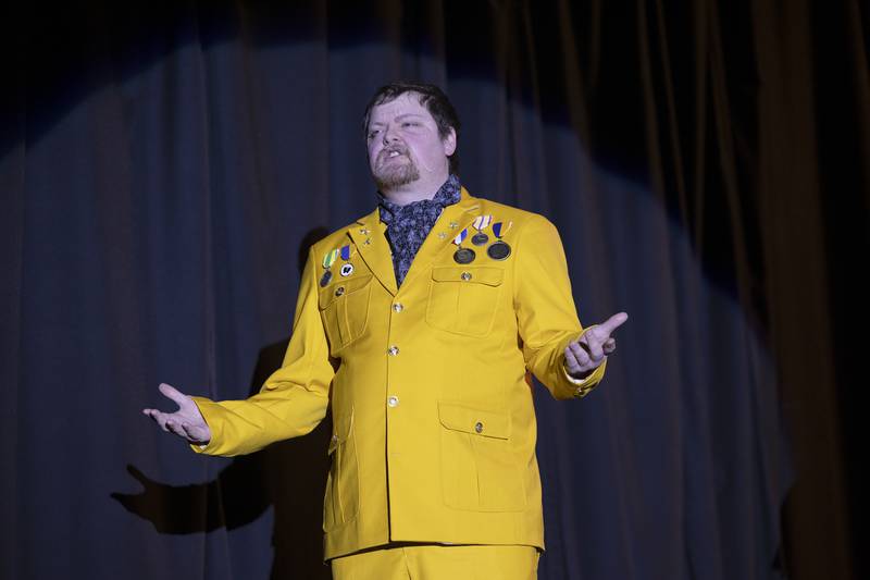 Wesley Blankenbehler plays Colonel Mustard, one of the suspected murderers in Polo Area Community Theatre’s rendition of Clue the Musical. The interactive musical will be performed May 1, 2, and 8 at 7pm and May 3 and 9 at 2pm at the PACT theater at 117 N. Franklin in Polo.