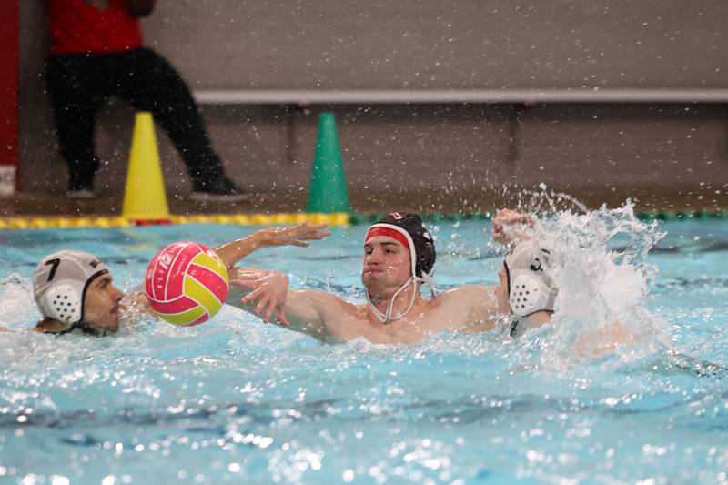 Bradley-Bourbonnais' Eli Swafford fights for possession during the Boilermakers' 7-5 loss to Bremen on Thursday, April 2, 2026.