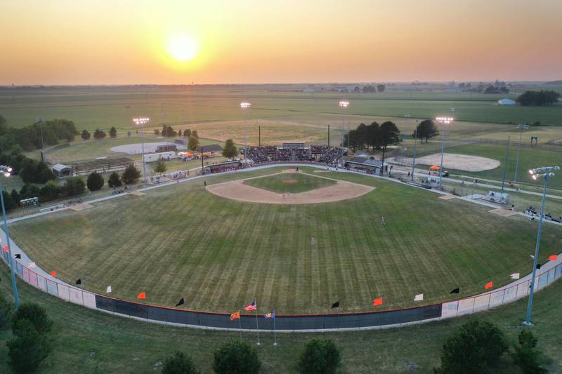 The sun sets during the Illinois Valley Pistol Shrimp baseball game at Schweickert Stadium on Tuesday, June 20, 2023 in Peru. on Tuesday, June 20, 2023