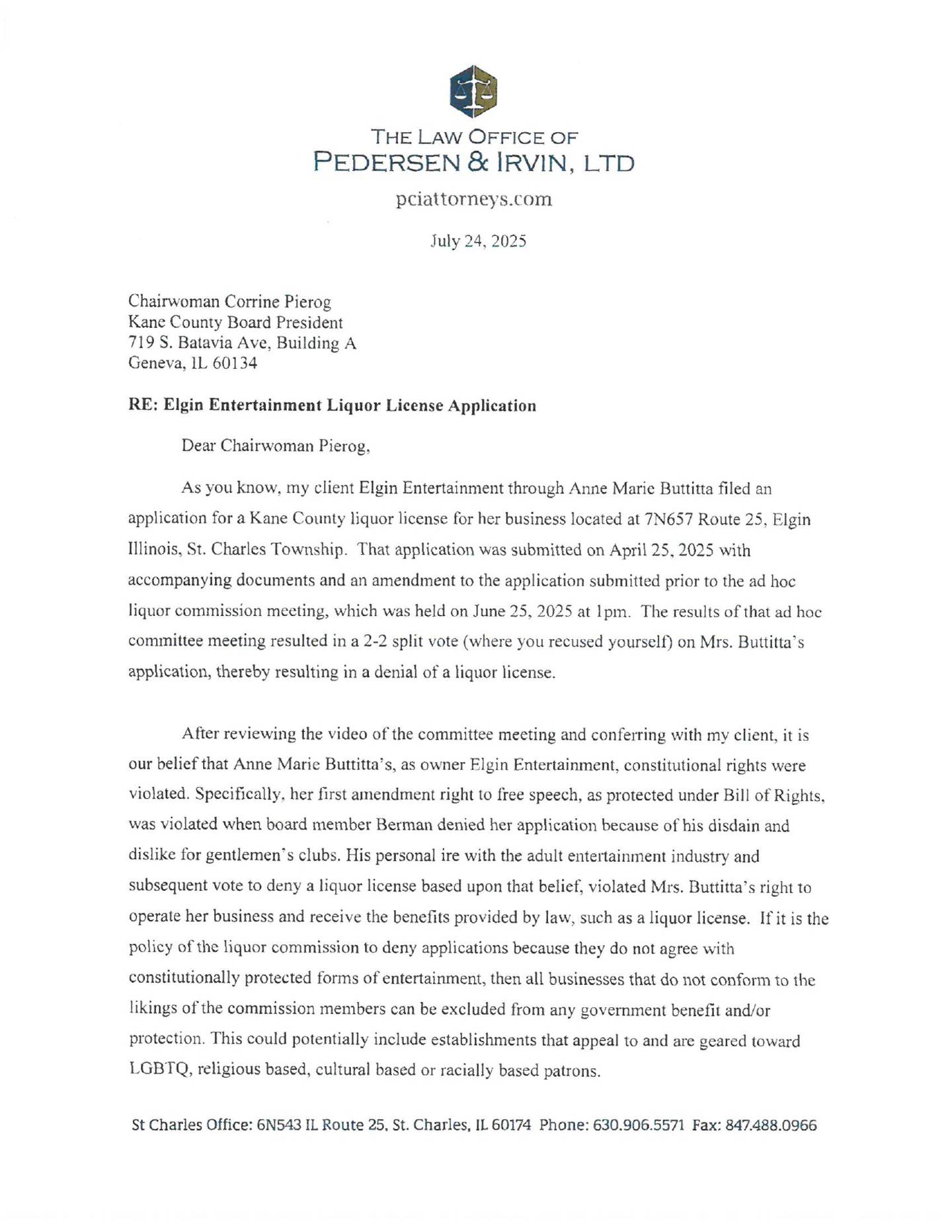 (Page 1 of 2) A July 24, 2025, letter from attorney Brittany Pedersen on behalf of St. Charles Township-based Blackjack’s Gentlemen's Club to the Kane County liquor commissioners, released to Shaw Local News Network through the Freedom of Information Act, alleges the commission violated Blackjack owner's constitutional rights. The matter is set before the commission in a special meeting planned for Thursday, Aug. 14, 2025.