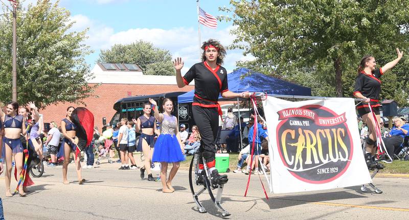 The Illinois State University Gamma Phi Circus performs during the 54th annual Homestead Festival parade on Saturday, Sept. 6, 2025 in Princeton.