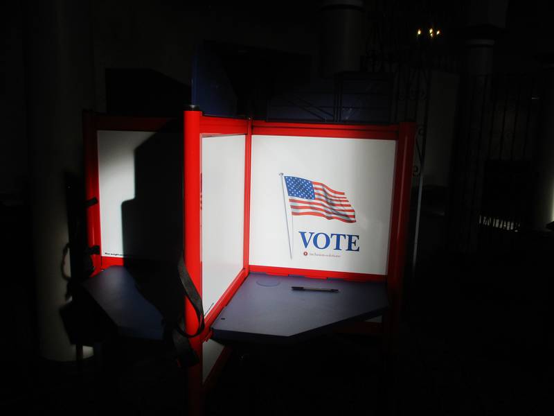 The new voting station for Will County elections will include three stand-up spots and one chair for voters who need to sit down while voting. The station was on display during an exhibit of new election equipment on Friday, Dec. 15 at the Renaissance Center in Joliet