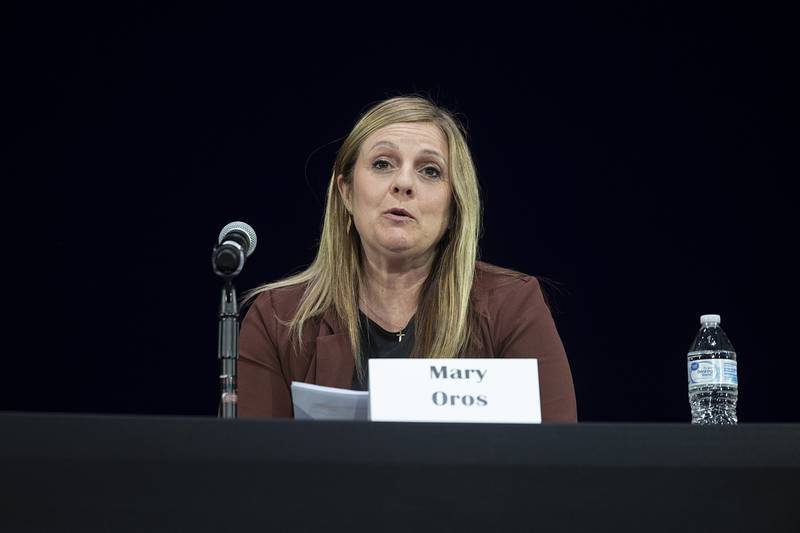 Dixon city council member Mary Oros addresses the crowd Thursday, March 16, 2023 during a Dixon candidates forum.