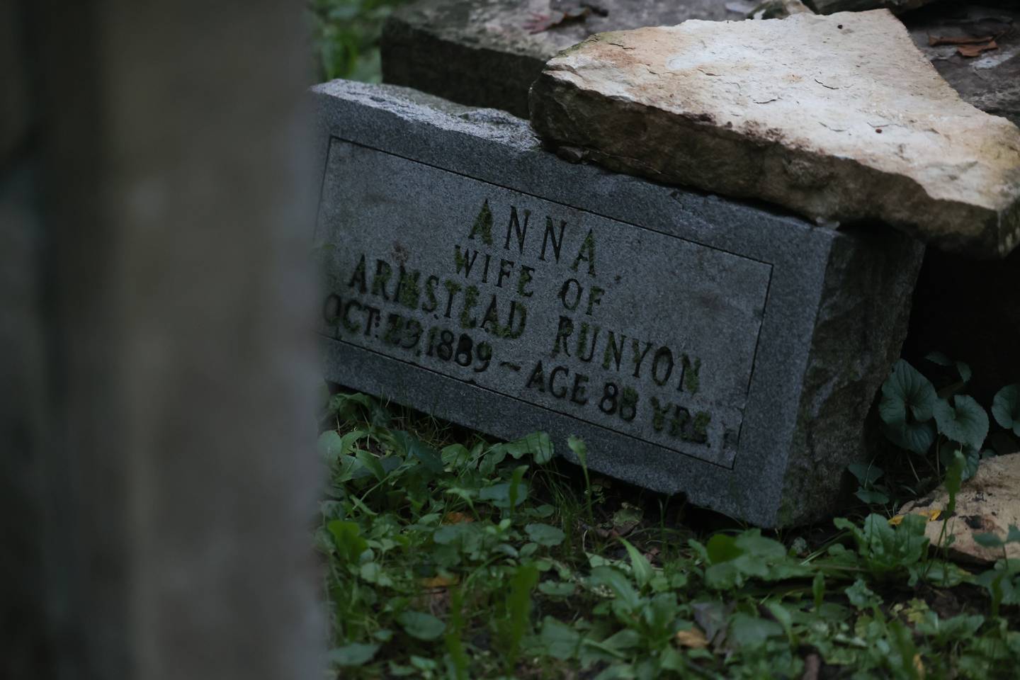 The tombstone of Anna Runyon sits in the Runyon family cemetery at the Runyon Preserve in Lockport. Local lore says people can hear haunting voices in the woods surrounding the cemetery.