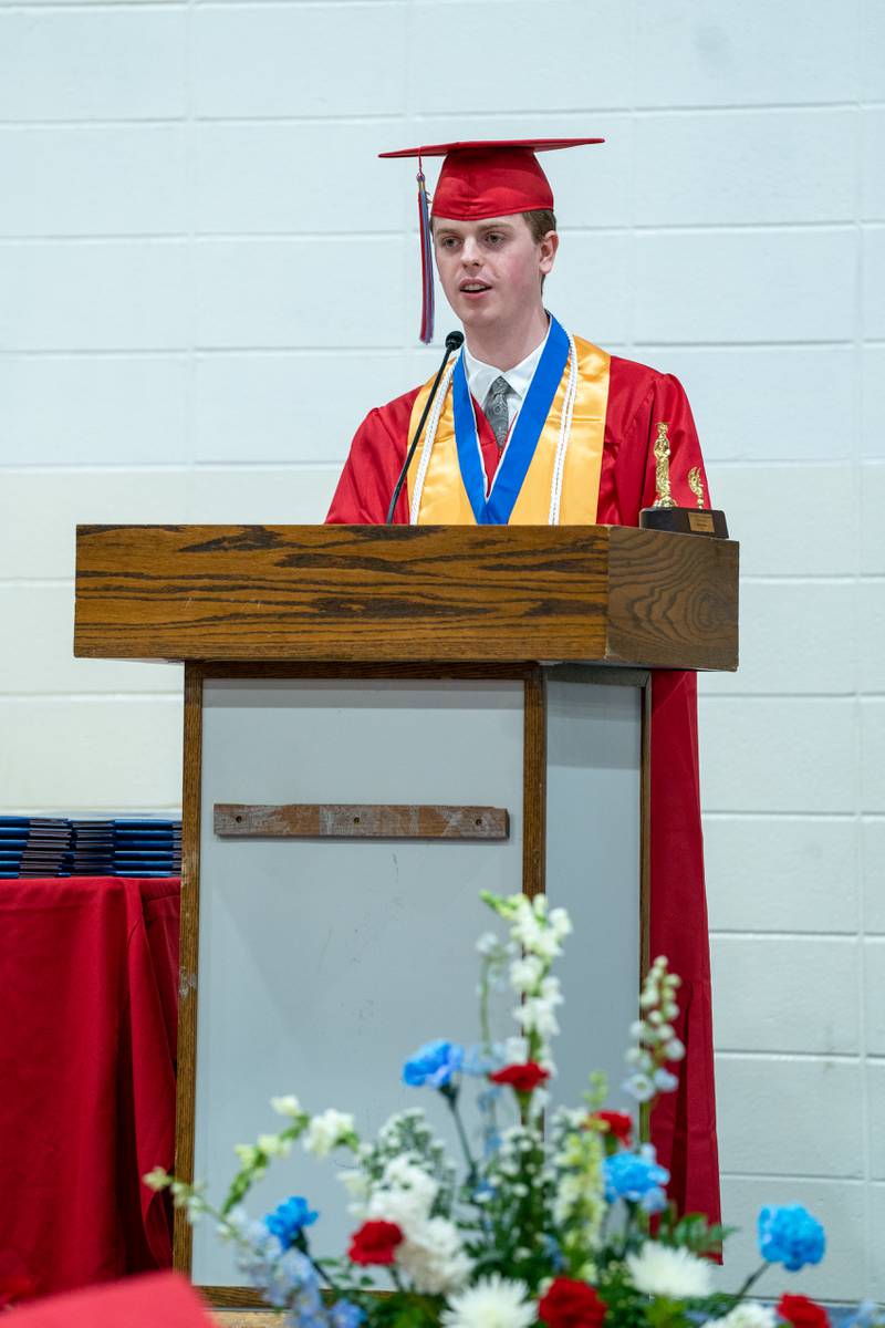 Valedictorian Matthew Martin addresses classmates Friday, May 27, 2022, during the Marian Central Catholic High School commencement ceremony.