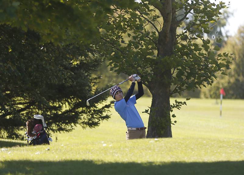 Marian Central’s Peter Louise hits a fairway shot on the first hole during the IHSA 2A Marengo Regional Golf Tournament Wednesday, Sept. 28, 2023, at Marengo Ridge Golf Club.