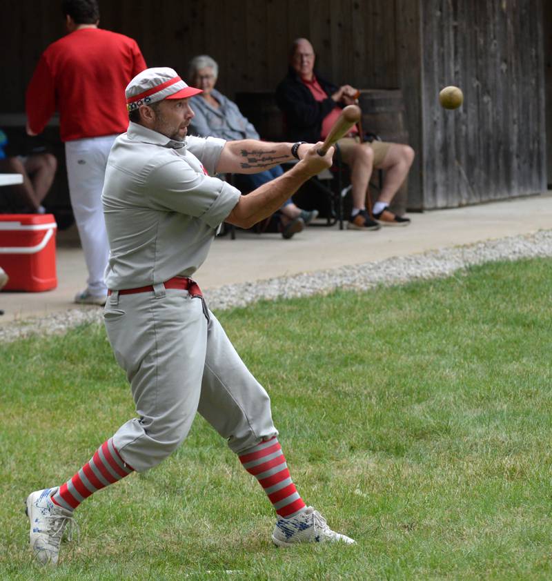 Ganymede Tim "Two Base" Strohecker connects for a hit during the vintage base ball game against the DuPage Plowboys at the John Deere Historic Site in Grand Detour on Saturday, June 8, 2024.