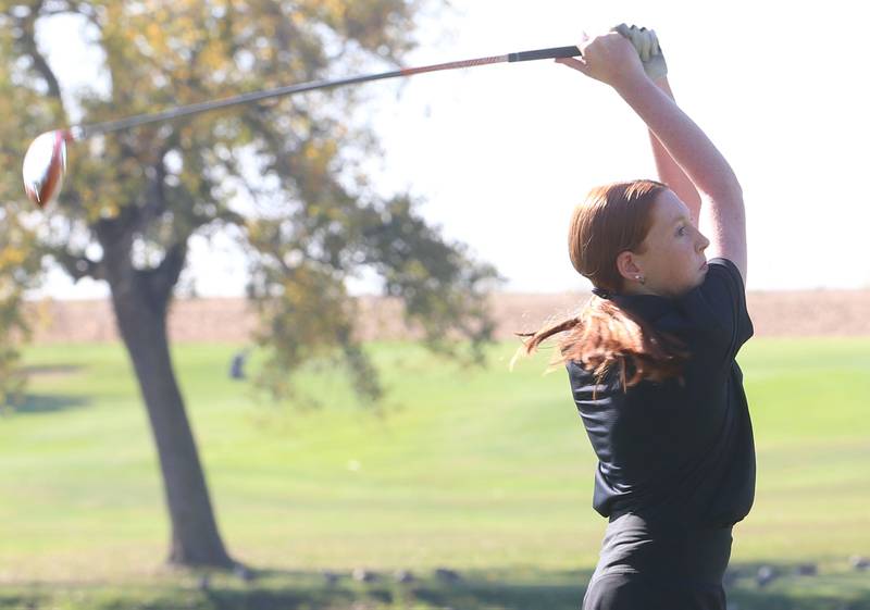 Henry-Senachwine's Bella Hall tees off during the Class 1A Regionals on Tuesday, Sept. 30, 2025 at Spring Creek Golf Course in Spring Valley.