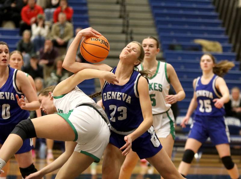 Geneva's Emma Peterson battles for the ball during a 4A Geneva Regional semifinal game against York on Tuesday, Feb. 18, 2025 in Geneva.