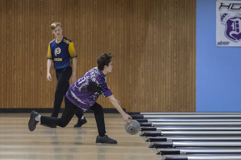 Dixon’s Clark Bonnewell throws a ball during bowling regionals Saturday, Jan. 14, 2023 in Dixon.