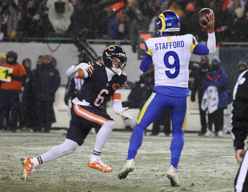 Chicago Bears cornerback Kyler Gordon sacks Los Angeles Rams quarterback Matthew Stafford Sunday, Jan. 18, 2026, during their NFC divisional playoff matchup at Soldier Field in Chicago.
