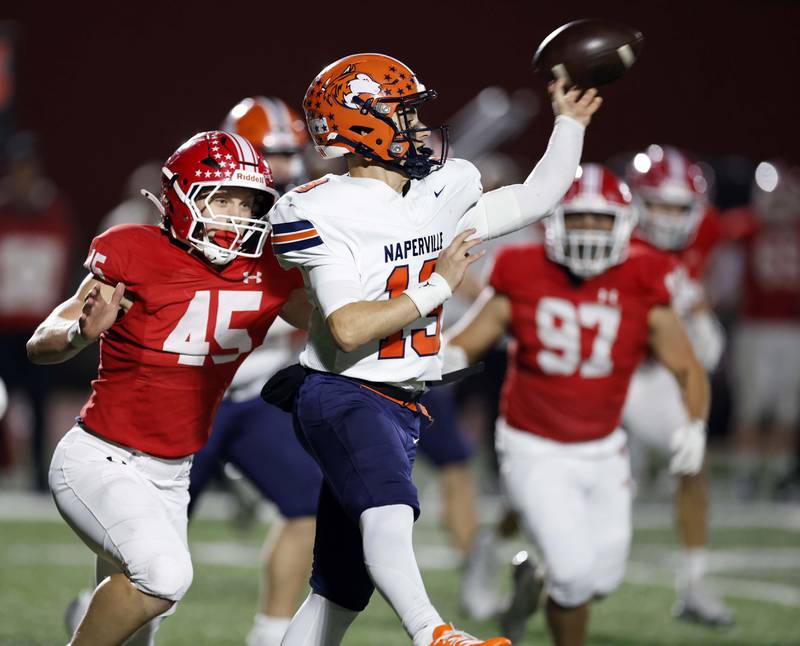 Naperville North's Dante Colasante (13) looks for an open teammate Friday, Oct. 24, 2025 at North Central College in Naperville.