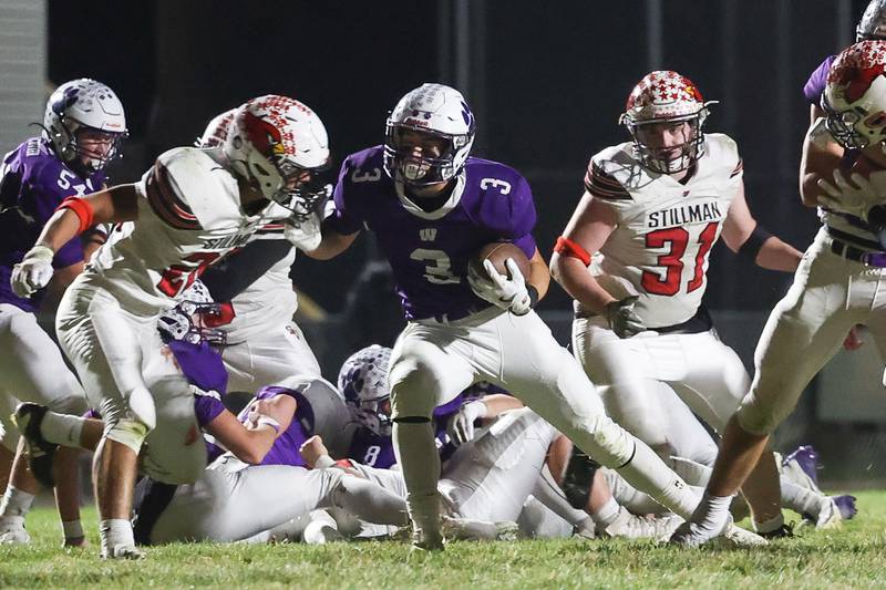 Wilmington’s Ryan Kettman works through the front line on a run against Stillman Valley in the first round of the playoffs on Saturday, Nov. 2, 2024 in Wilmington.