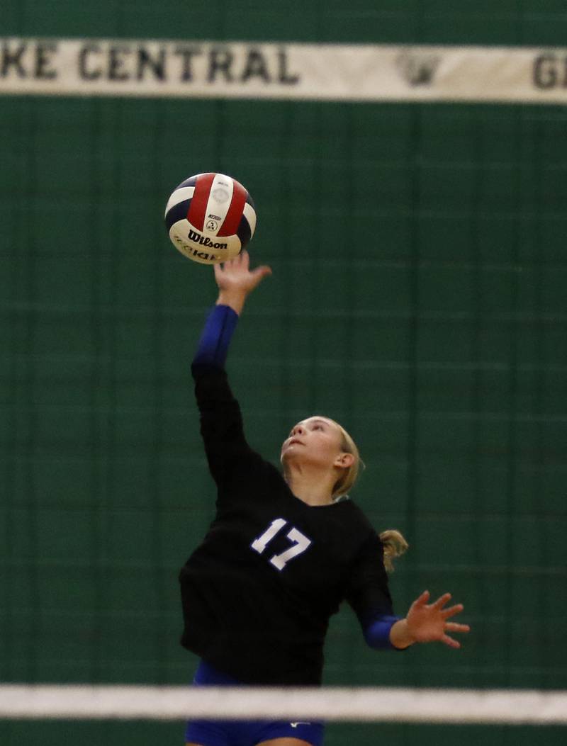 St. Francis' Jenna Glaudel serves the ball during the IHSA Class 3A Grayslake Central Supersectional volleyball match against St. Francis on Monday, Nov. 11, 2024, at Grayslake Central High School.