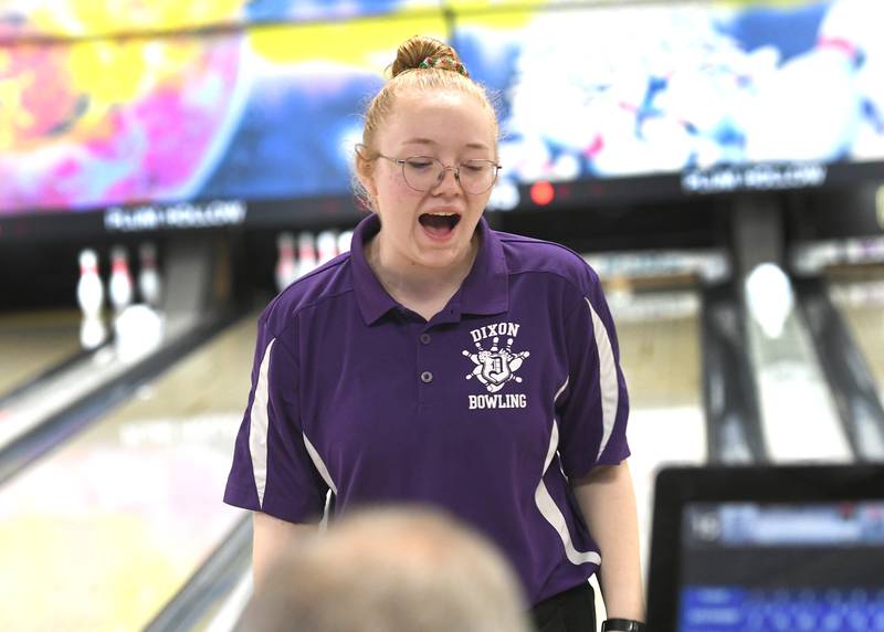 Dixon's Grace DeBord reacts to a strike as he bowls at the Hawk Classic on Dec. 3 at Plum Hollow in Dixon.