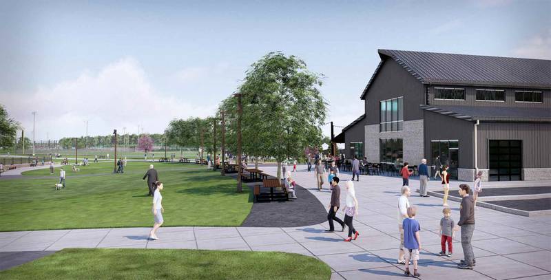 A 3D visualization shows the planned event center at the Bradley sports complex.