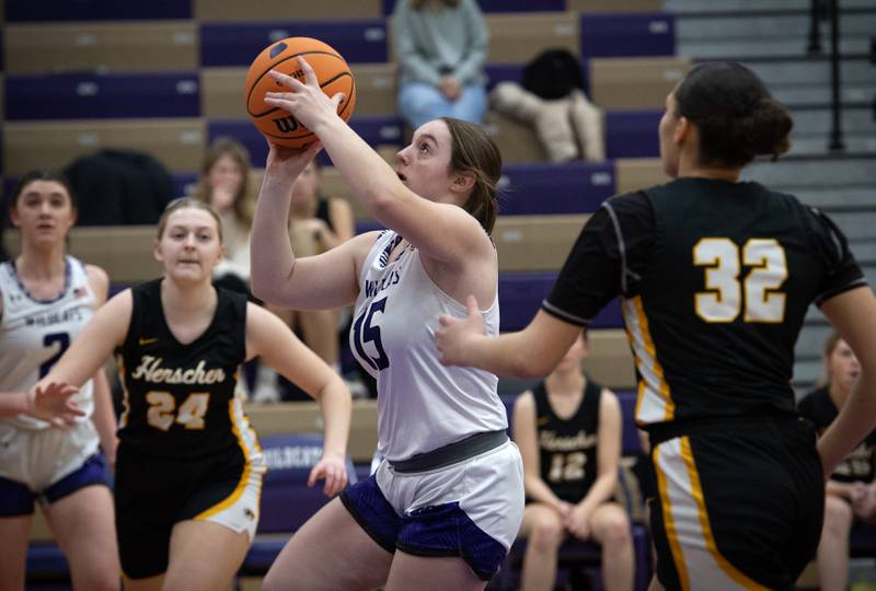 Wilmington's Lexi Strohm, center, looks to take an open shot in a game against Herscher on Thursday, January 29, 2026.