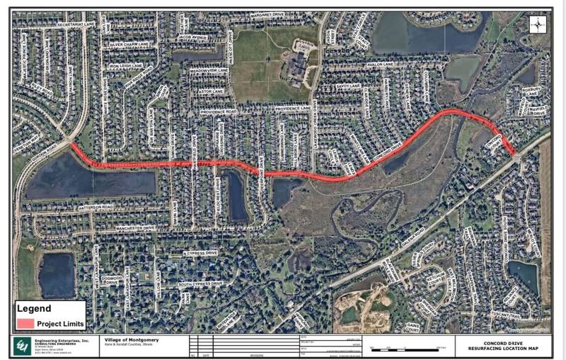 The red line on the map above indicates the 1.43 mile section of Concord Drive between Gordon Road and Galena Road in Montgomery that will be resurfaced this summer. (Map provided by the village of Montgomery)