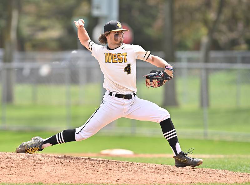 Joliet West's Ryan Sobun throws a pitch during the non-conference game against Lockport on Saturday, April. 27, 2024, at Lockport.