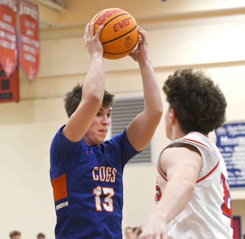Genoa-Kingston's Conner Harney rebounds against Oregon on Friday, Jan. 30, 2026 at the Blackhawk Center.