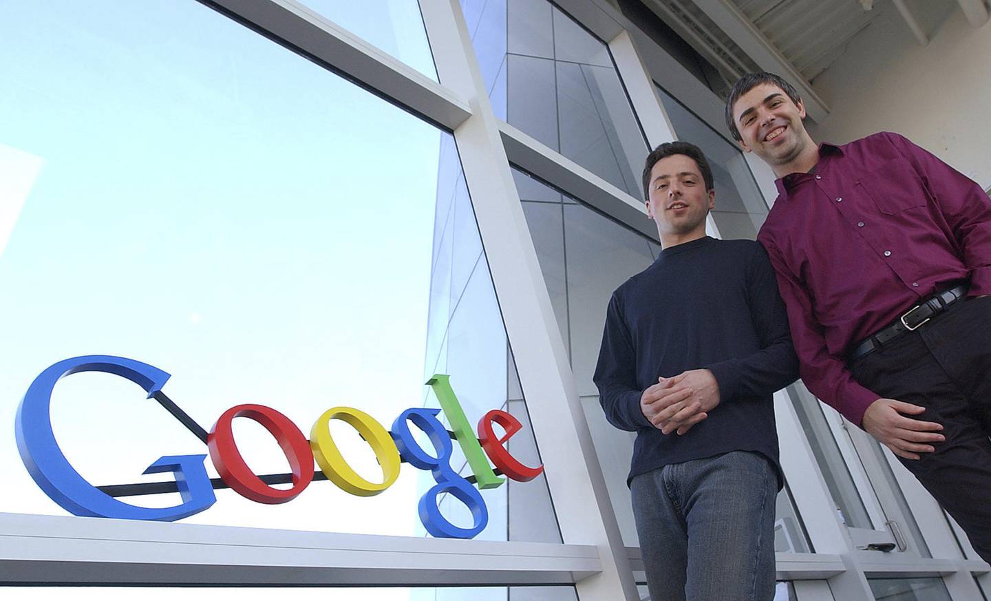 Google co-founders Sergey Brin (left) and Larry Page pose at company headquarters Jan.15, 2004, in Mountain View, Calif. Page and Brin unveiled Gmail on April Fool's Day in 2004.