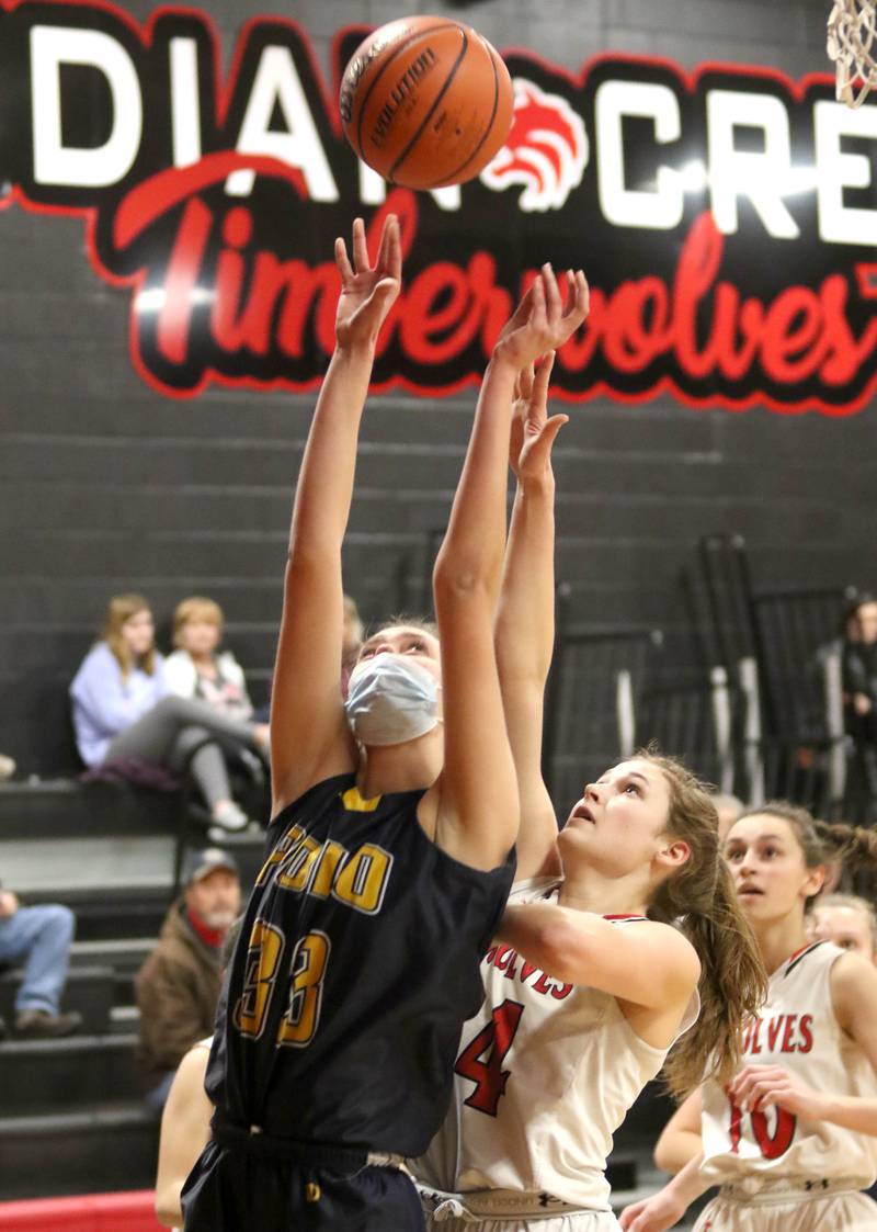 Polo's Lindee Poper shoots in front of Indian Creek's Audrey Witte during their Class 1A regional game Tuesday, Feb. 15, 2022, at Indian Creek High School in Shabbona.