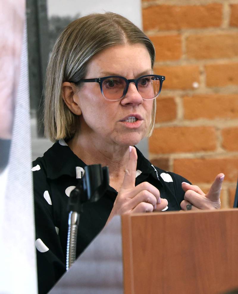 Kim Halsey, executive director of the Sycamore Public Library, speaks Wednesday, May 6, 2026, during the State of the Community Address hosted by the Sycamore Chamber of Commerce in the DeKalb County Community Foundation Freight Room.