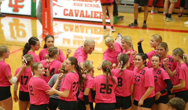 L-P head coach Mark Haberkorn smiles as he talks to his team after defeating Ottawa during Volley for a Cure night on Tuesday, Oct. 1, 2024 at AJ Sellett Gymnasium.