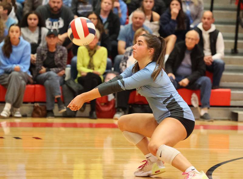 Willowbrook’s Elisa Chivilo (3) digs the ball against Oak Park-River Forest during the 4A girls varsity volleyball sectional final match at Hinsdale Central high school on Wednesday, Nov. 1, 2023 in Hinsdale, IL.