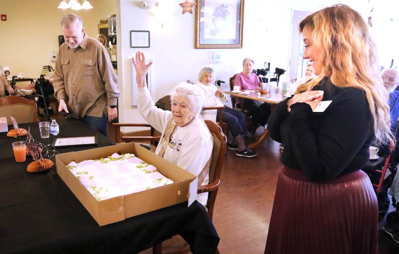 Heritage Woods of DeKalb resident Phyllis Fawcett, thanks everyone for her cake during her surprise 100th birthday party Thursday, March 21, 2024, at Heritage Woods.