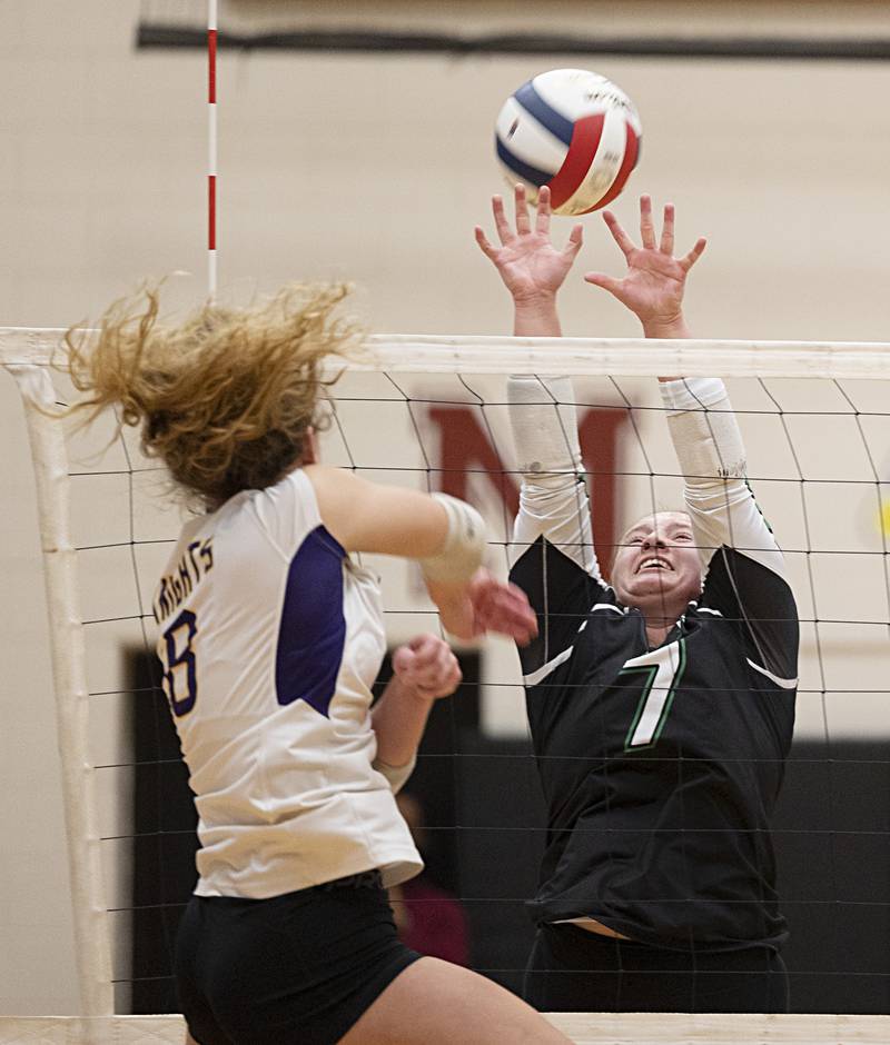Rock Falls’ Denali Stonitsch goes up to block a shot against Chicago Christian’s Nikki Swiney Friday, Nov. 3, 2023 in the class 2A volleyball supersectional in Sandwich.