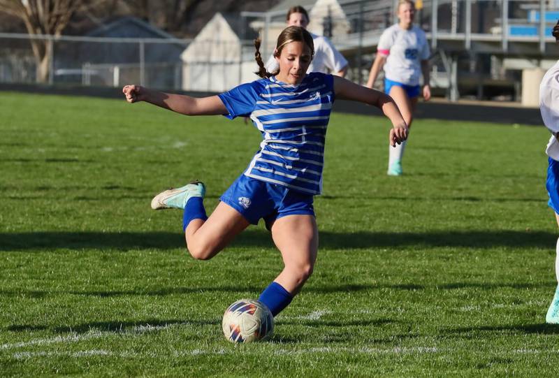 Princeton's Olivia Sandoval takes aim on a kick Monday at Bryant Field.