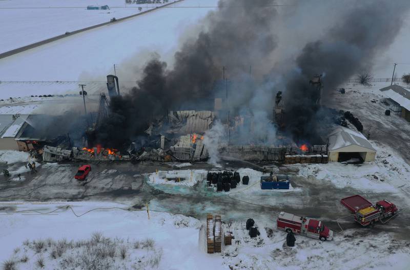 Flames and smoke billow from LSC Environmental Products on Monday, Jan. 22, 2024 near Lostant. The company was the former Phoenix Paper Products. It is located between Tonica and Lostant off of Illinois 251.