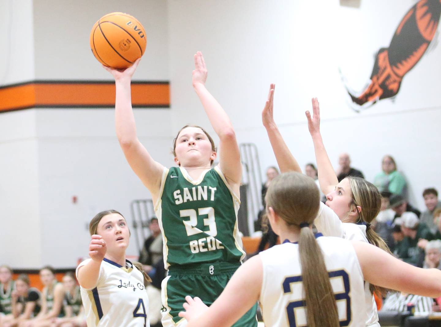 St. Bede's Lili McClain looks to shoot a shot against Marquette during the Tri-County Conference championship game on Thursday, Jan. 23, 2025 at Roanoke-Benson High School.