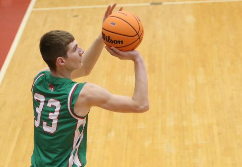 L-P's Gavin Stokes lets go of a wide-open three point basket against Morton during the Class 3A Sectional semifinal game on Tuesday, March 3, 2026 in Kingman Gymnasium at Ottawa High School.